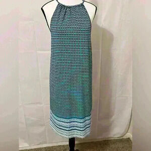 Max Edition Womens Sleeveless Dress Blue White Geometric Print Halter Neck Large